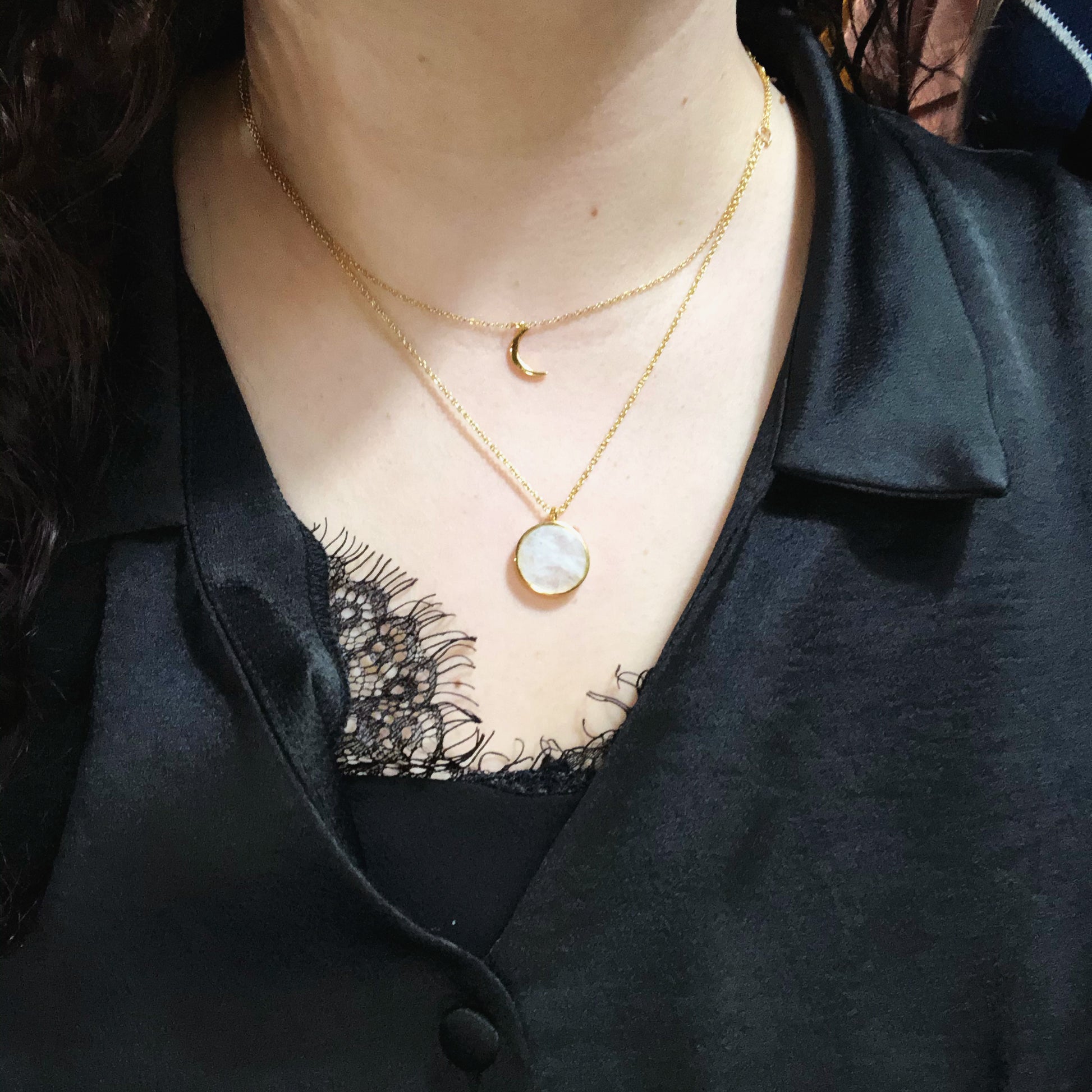 Moonstone Gemstone Coin Necklace being worn with Mini Moon Necklace