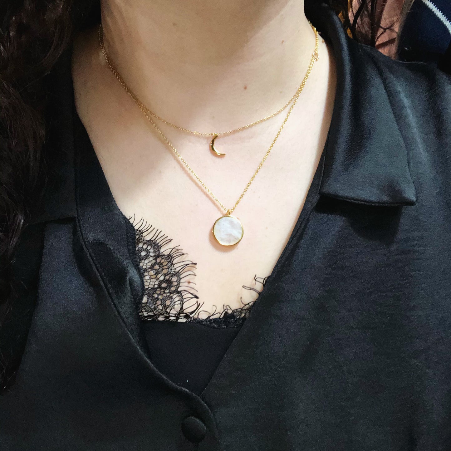 Moonstone Gemstone Coin Necklace being worn with Mini Moon Necklace