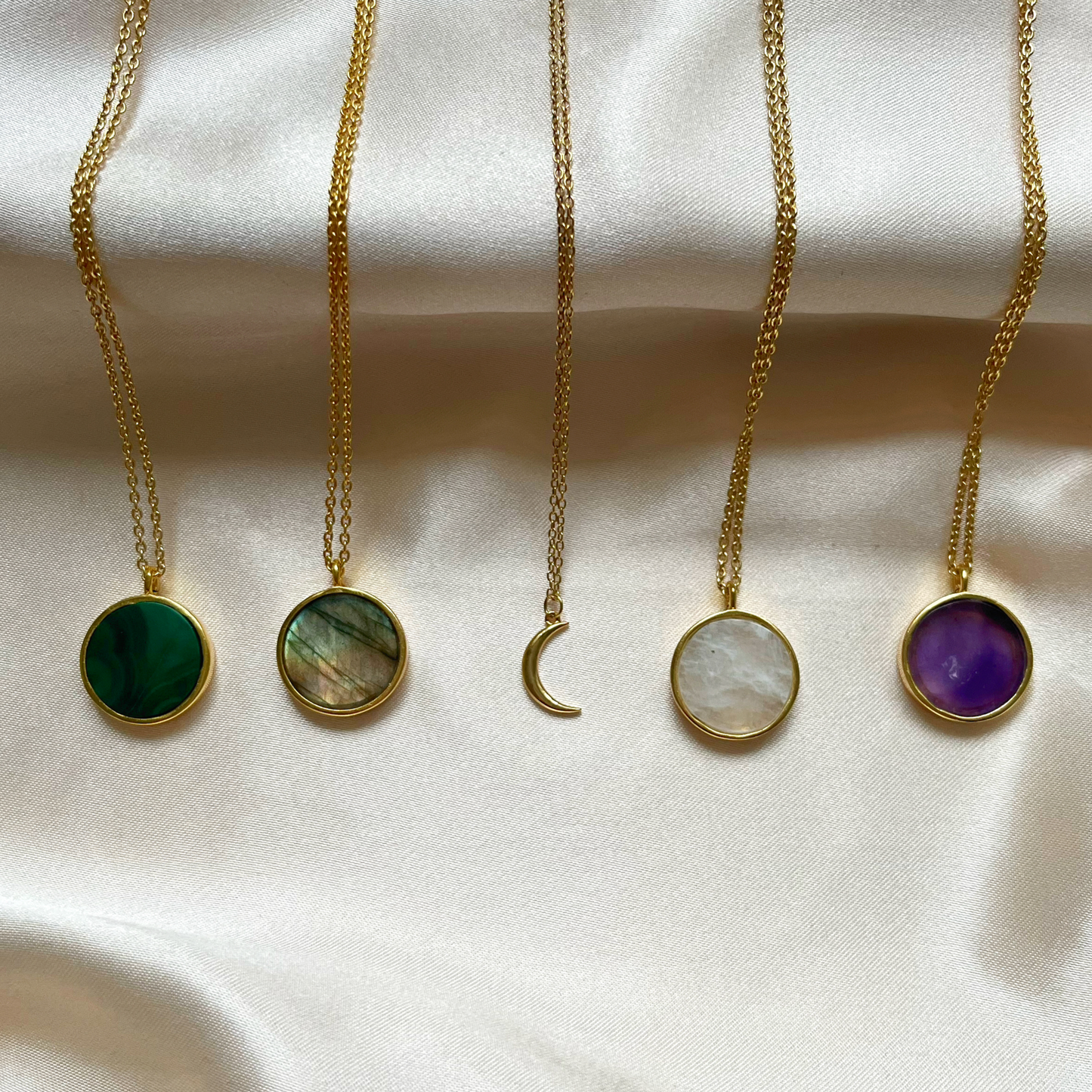 Mini Moon necklace and Gemstone coin necklaces in Malachite, Labradorite, Moonstone and Amethyst