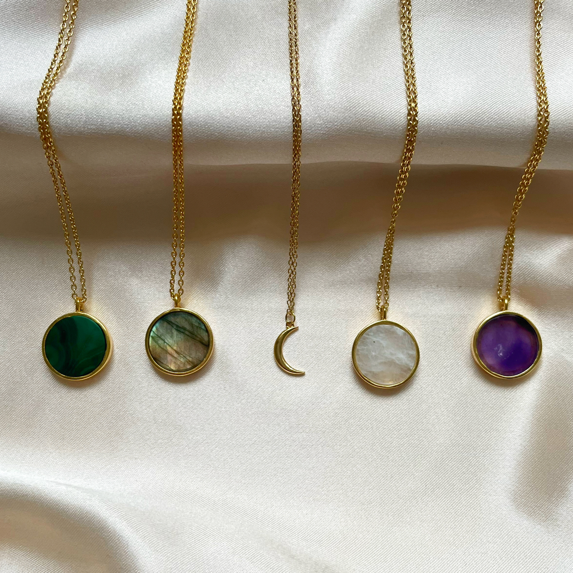 Mini Moon necklace and Gemstone coin necklaces in Malachite, Labradorite, Moonstone and Amethyst