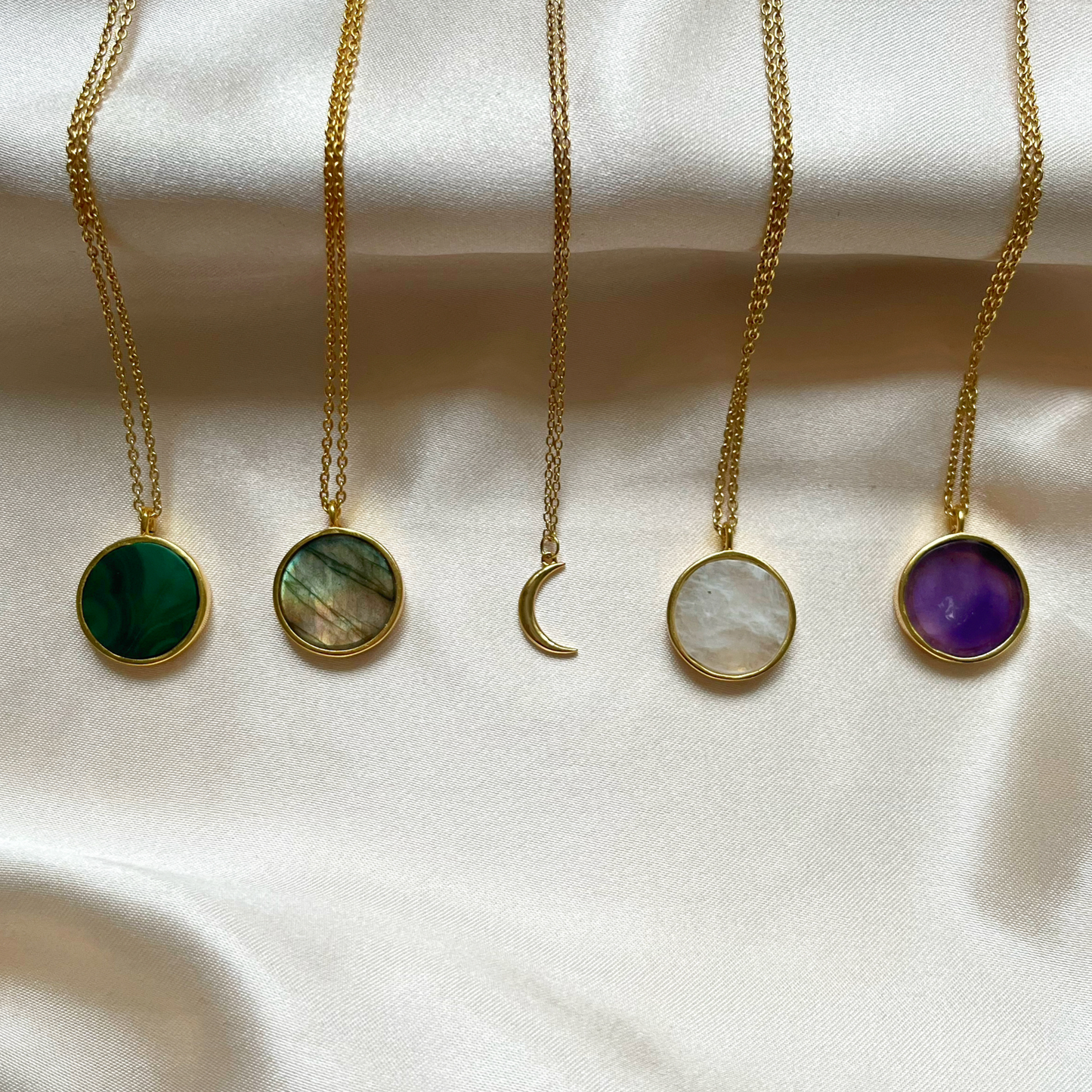 Mini Moon necklace and Gemstone coin necklaces in Malachite, Labradorite, Moonstone and Amethyst