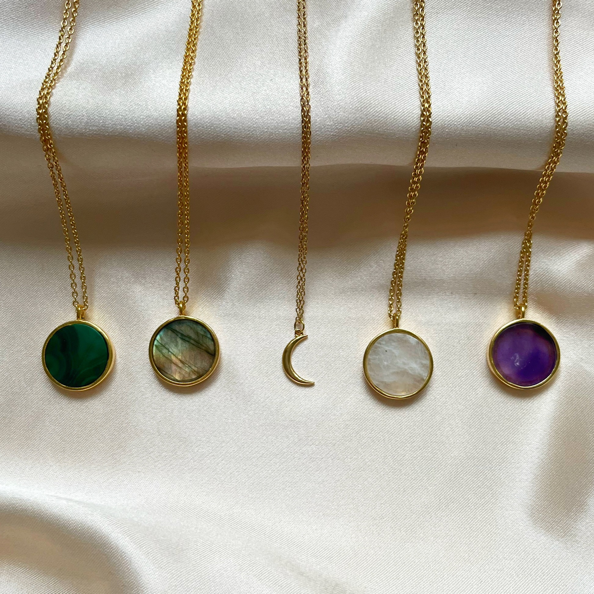 Mini Moon necklace and Gemstone coin necklaces in Malachite, Labradorite, Moonstone and Amethyst