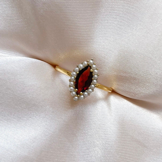 Garnet and Pearl Marquise Ring | 18k Gold Vermeil Jewellery | Lilith and Selene