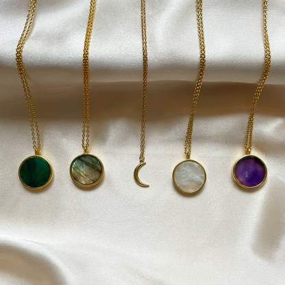 Mini Moon Necklace and Gemstone coin necklaces in Malachite, Labradorite, Moonstone and Amethyst