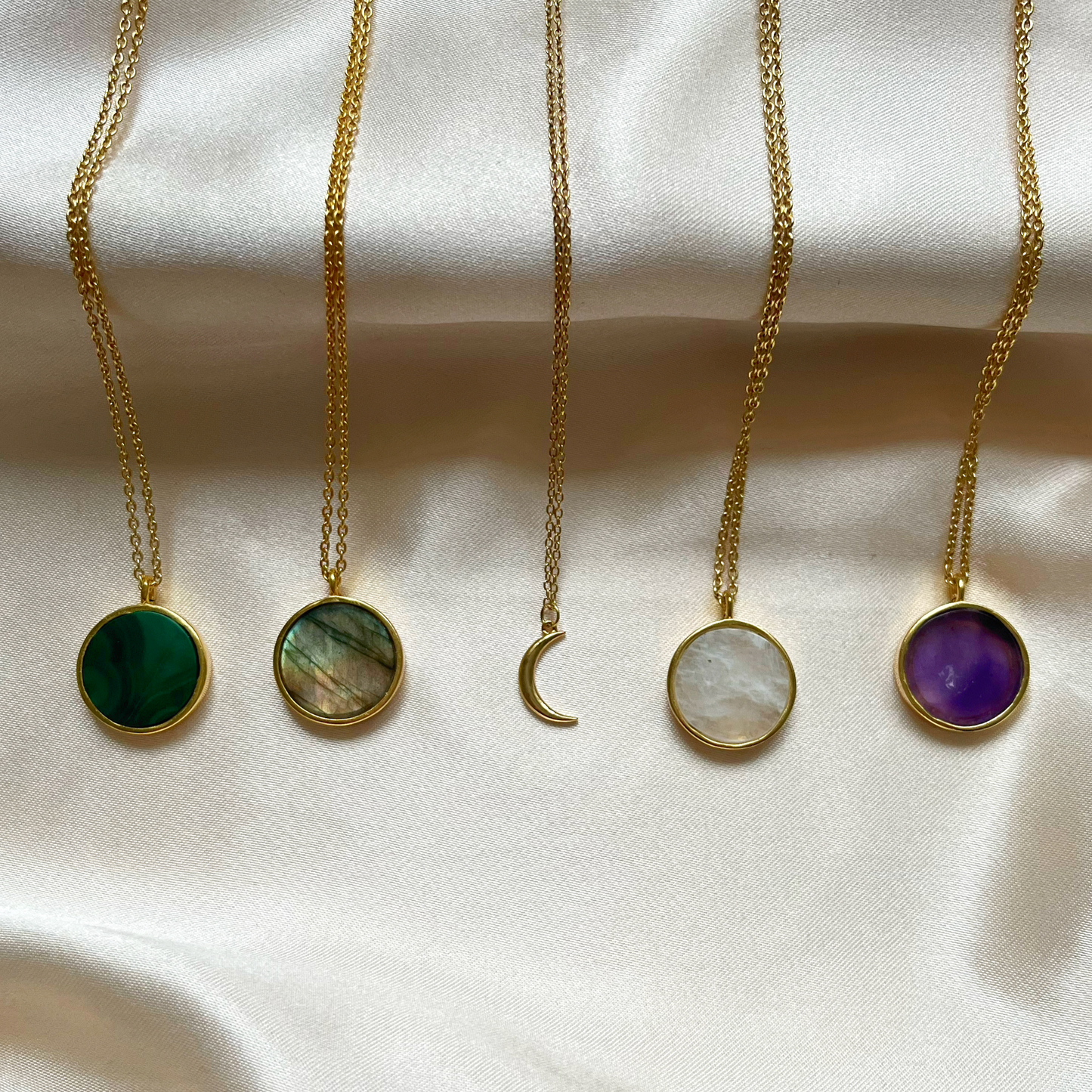 Mini Moon necklace and Gemstone coin necklaces in Malachite, Labradorite, Moonstone and Amethyst