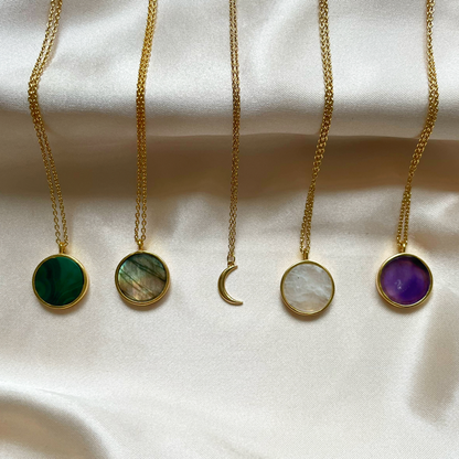 Mini Moon necklace and Gemstone coin necklaces in Malachite, Labradorite, Moonstone and Amethyst