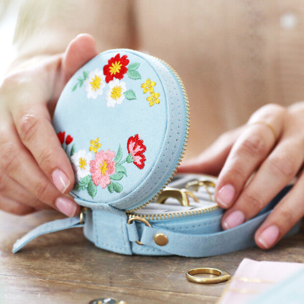 Embroidered Flowers Mini Round Velvet Jewellery Case