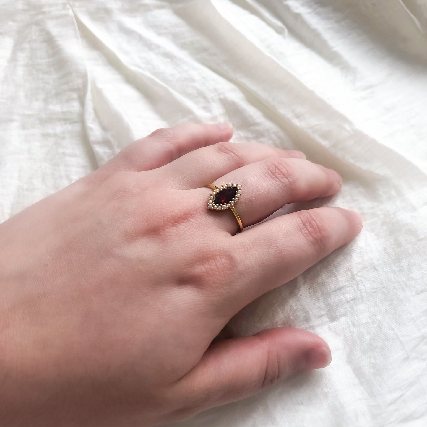 Garnet and Pearl Marquise Ring | 18k Gold Vermeil Jewellery | Lilith and Selene
