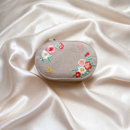 Embroidered Flowers Oval Velvet Jewellery Case