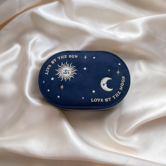 Sun and Moon Embroidered Oval Jewellery Case in Navy