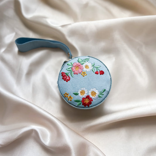 Embroidered Flowers Mini Round Velvet Jewellery Case