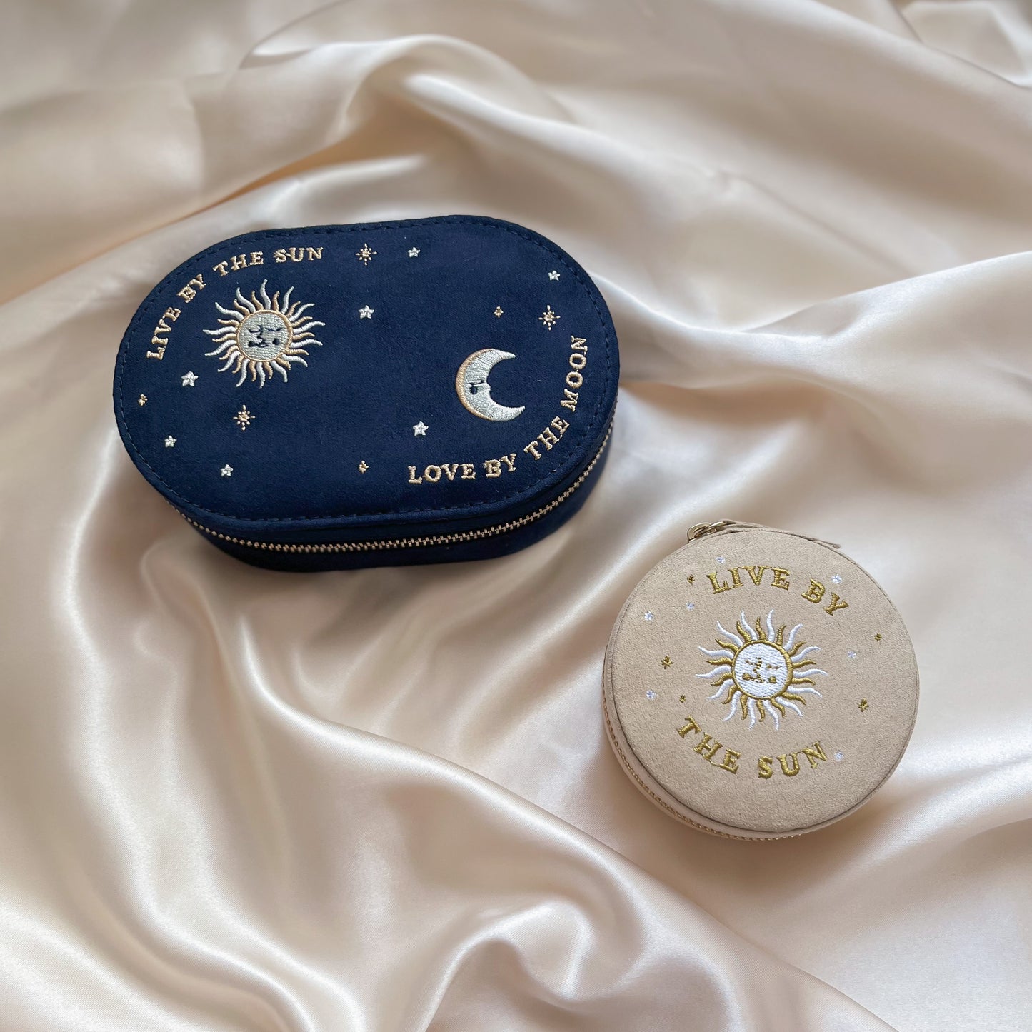 Round Sun and Moon Embroidered Jewellery Case in Beige