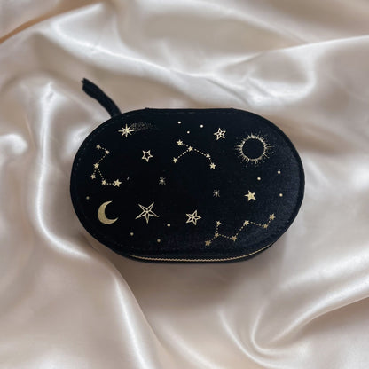 Black Starry Night Printed Velvet Oval Jewellery Case