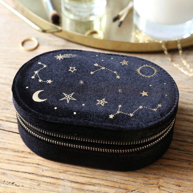 Black Starry Night Printed Velvet Oval Jewellery Case