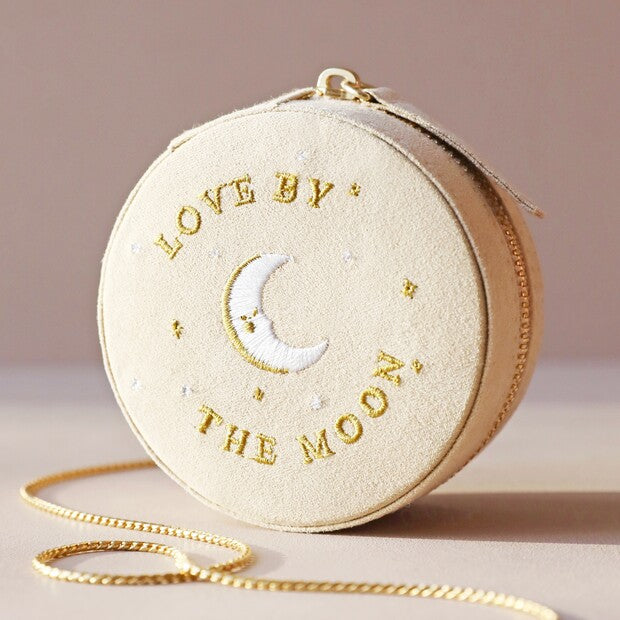 Round Sun and Moon Embroidered Jewellery Case in Beige